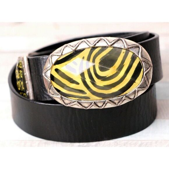 VINTAGE BLACK GENUINE LEATHER 1.25"Wd HOOK BUCKLE CASUAL WOMEN'S BELT Sz M (G74 - Picture 1 of 12